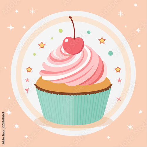 A colorful cupcake with pink frosting and a cherry on top is displayed.