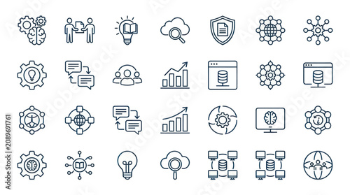 Business innovation and strategic teamwork line icon set.