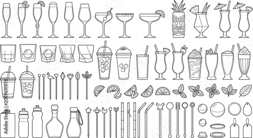 Bild auf Leinwand Cocktail Glasses and Bar Accessories Line Art Vector Collection for Beverage and