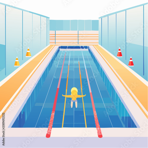 A person swims alone in a large indoor swimming pool with lanes and cones