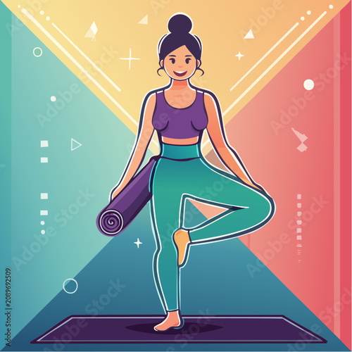 Woman practices yoga with a purple mat on a colorful background indoors.