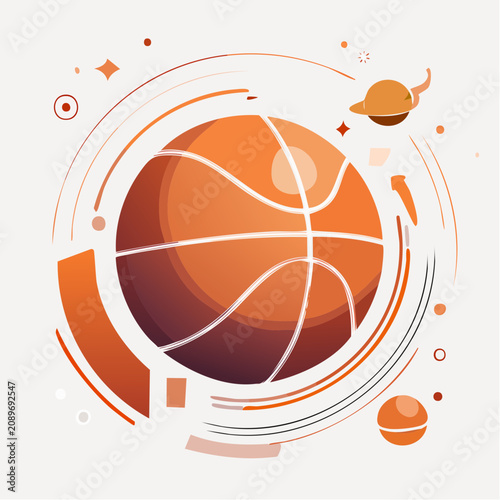 A colorful illustration of a basketball surrounded by dynamic shapes and lines.