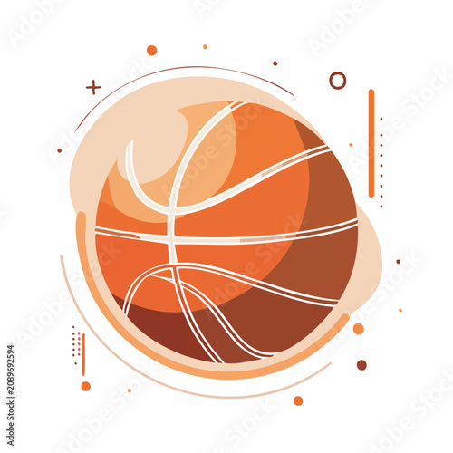 A vibrant illustration of a basketball surrounded by dynamic orange and brown shapes and lines on a white background.