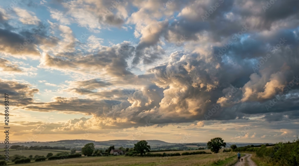 Fototapeta premium Dramatic Cloudy Sky Over Rolling Countryside at Sunset.