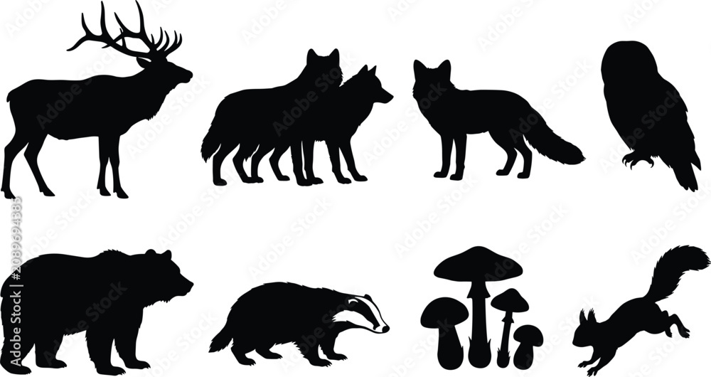 Obraz premium Wild Forest Animal Silhouette Collection with Woodland Wildlife and Nature Vector Elements