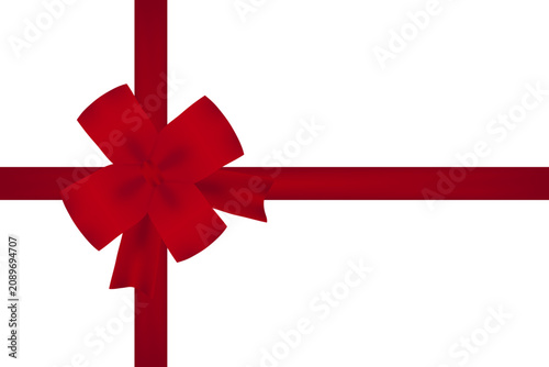 Minimalistic red satin ribbon tied into neat bow White background elegant decoration Christmas Valentine’s gift wrapping concept Holiday horizontal card banner packaging seasonal promotion Copy space
