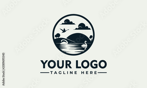 Obraz na płótnie Minimalist vector logo illustration lake hill landscape with swans and clouds