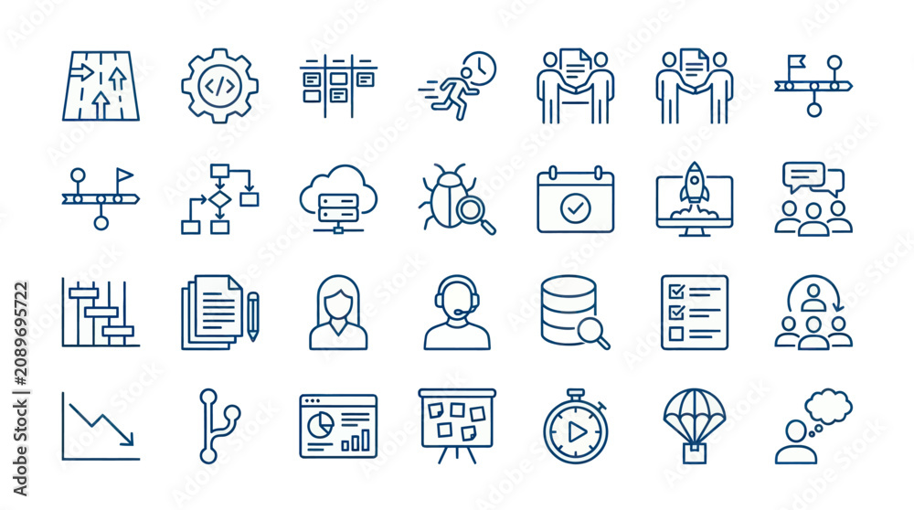 Fototapeta premium Communication and technology network infrastructure outline icons.