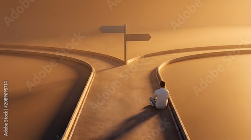 Crossroads of Decision: A solitary figure contemplates an important choice at a diverging pathway, illuminated by a soft, hazy light.