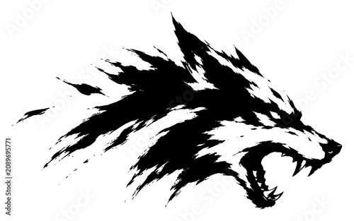 Tableau sur toile Snarling wolf head profile in aggressive ink brush stroke style