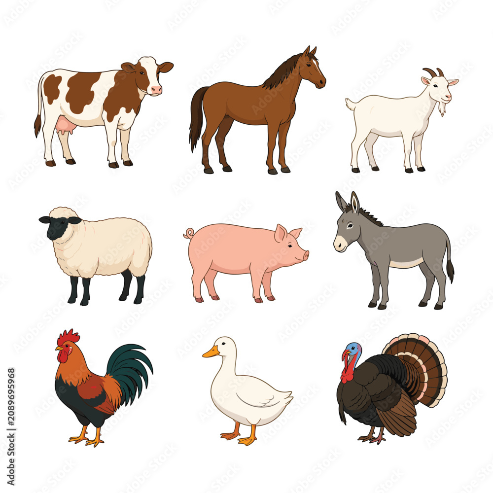 Obraz premium Cute Cartoon Farm Animals Collection Set Isolated on White Background