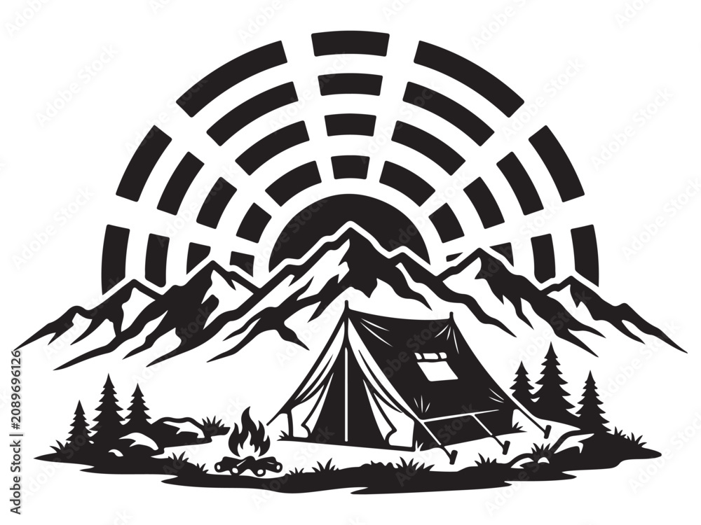 Fototapeta premium Tent Silhouette Line Art Bold Outline Camping Adventure Vector Illustration
