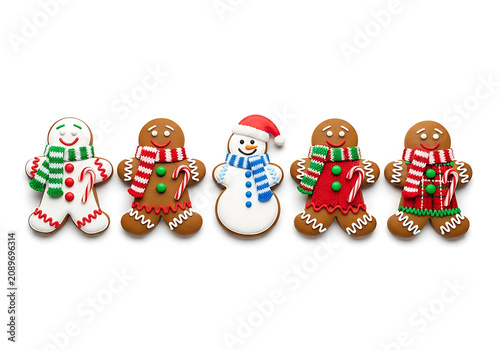 Five festive gingerbread cookie characters with candy cane