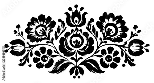 Tableau sur toile Symmetric floral folk ornament with traditional blooming flowers and leaves in t