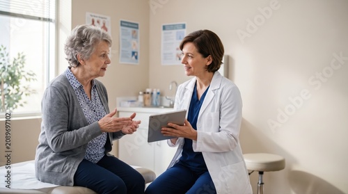 Healthcare Professional Engaging with Senior Patient in Medical Office Setting Focus on Communication and Support for Better Health Outcomes