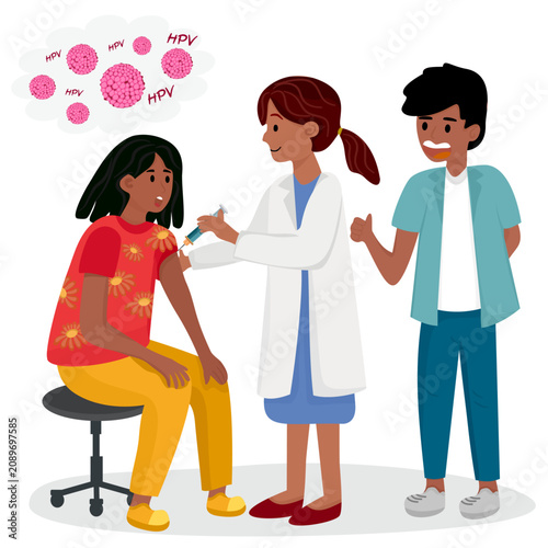 Female doctor giving HPV vaccine injection to a teenage girl with her friend giving thumbs up support. Human papillomavirus protection and teenagers immunization concept flat vector illustration.