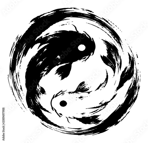 Yin yang koi fish swimming in a circle representing harmony in black ink brush style