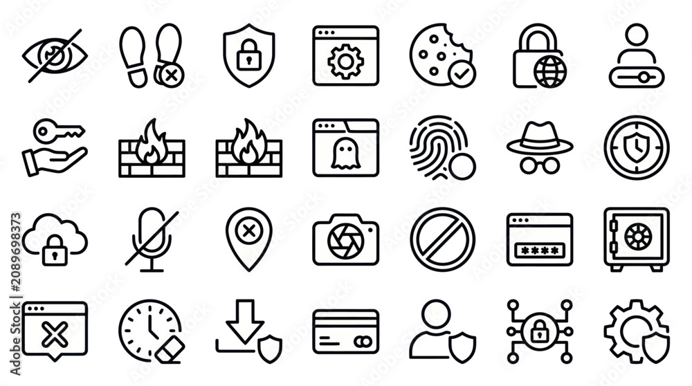 Fototapeta premium Cyber security and data privacy outline icon set.