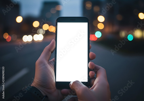Person holding smartphone at night with lights