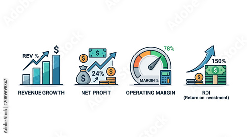 Finance Metrics Icons: Revenue, Profit, Margin, ROI