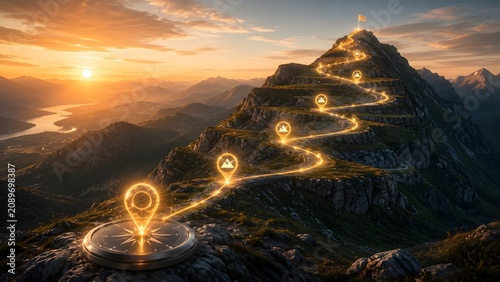 Glowing map pin and golden winding trail leading to flag on mountain peak at sunset illustrating success journey and business strategy