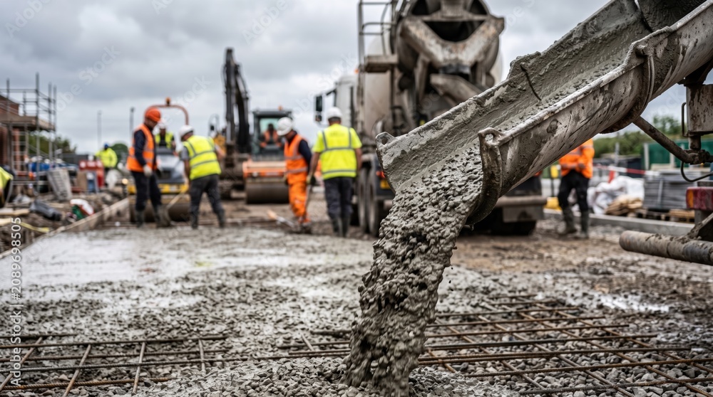 Fototapeta premium Construction site with workers and machinery pouring concrete for a road project while heavy equipment operates in the background on a cloudy day