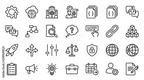 Creative innovation and strategic thinking line icon set