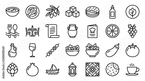 Culinary food and Mediterranean diet linear icon set