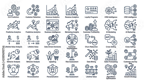 Photos Customer lifetime value and ROI analytics icons.