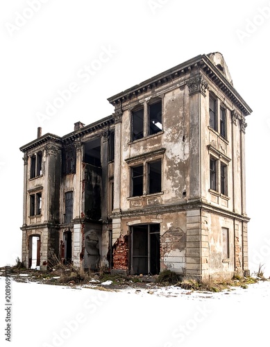 Abandoned historic building with deteriorating facade and boarded windows.