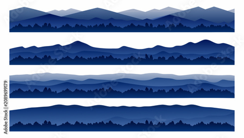 Tableau sur toile Four horizontal bands of layered mountain silhouettes in varying shades of blue