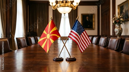 North Macedonia and United States of America Crossed Desk Flags in a Formal Meeting Room Boardroom