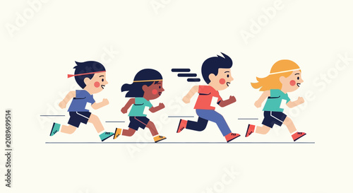 Diverse children running race, illustration, flat design, sports, healthy lifestyle, competition