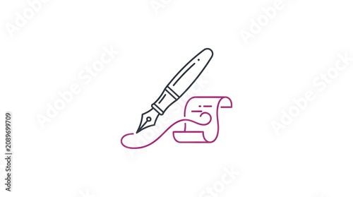 Fountain pen writing on paper scroll icon for document and creative authoring concepts.