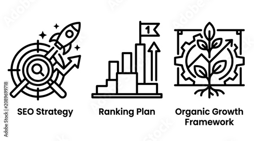 Organic SEO strategy and business growth framework icon collection with strategy business planning framework marketing optimization technology magnifying internet development progress