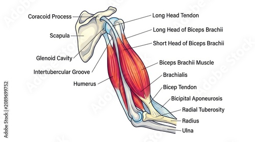 Human biceps brachii muscle anatomy illustration showing bone and tendon structure diagram.