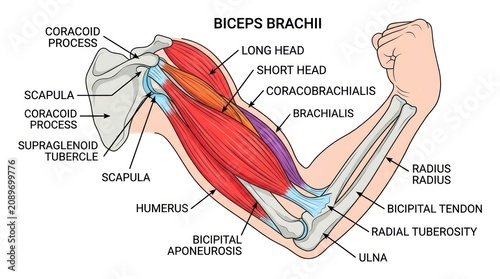 Detailed diagram of biceps brachii muscle anatomy with tendons bones and arm features.