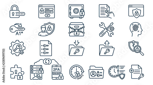 Cyber security and password protection line icons.