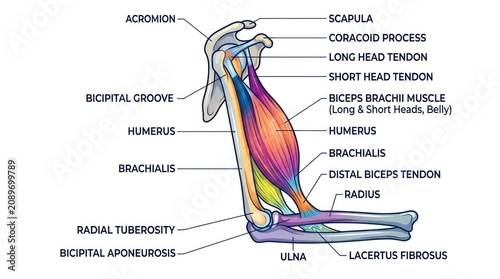 Anatomy chart of human bicep brachii muscle featuring humerus radius and ulna structure.