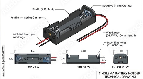 Technical drawing of single aa battery holder with abs plastic body and wire connection.