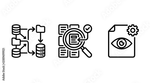 Database schema and data auditing technical icons with database processing monitoring analysis management information technical optimization document magnifying settings structure internet