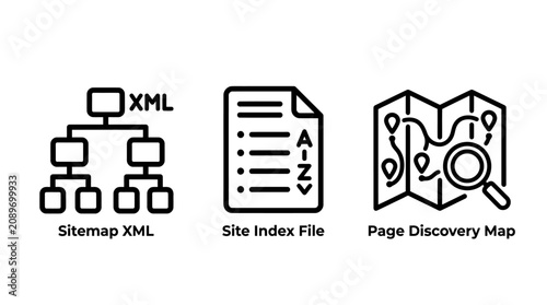 Website SEO architecture and sitemap icons set with optimization structure hierarchy discovery development navigation technical internet document technology information organization