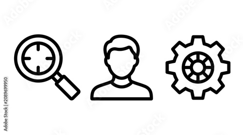 Targeted user profile and system optimization icons with optimization settings configuration magnifying customer development management technical technology strategy planning business