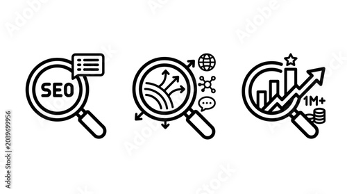 Seo marketing and data growth analysis icons with marketing magnifying statistics optimization business strategy analytics performance development networking technology information