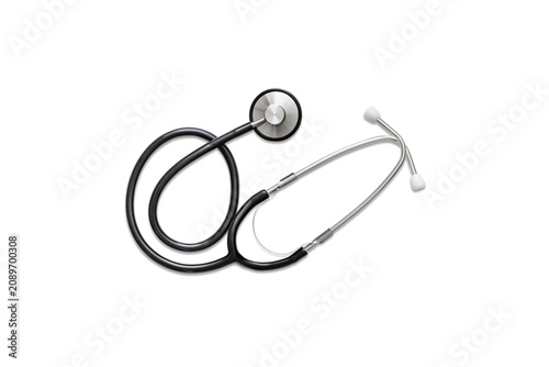A stethoscope isolated on white background, used to control noises, such as the heartbeat or breathing, inside the human body