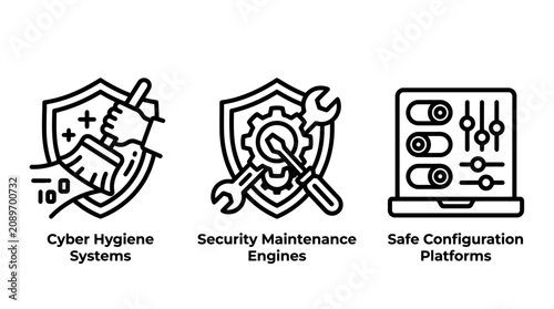 Cyber hygiene and security maintenance configuration icons with security maintenance configuration platform protection software optimization technical firewall settings integrity computing