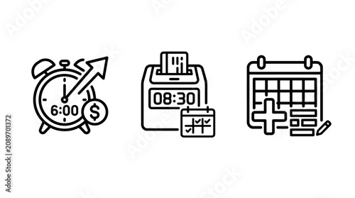 Business time management and productivity planning icons set with calendar planning productivity management schedule deadline business investment organization strategy efficiency timeline