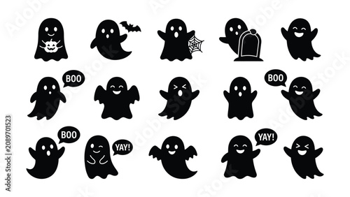Schilderij op canvas Collection of cute black silhouette ghost illustrations with various playful exp