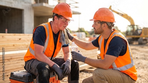 Construction Worker Receiving First Aid for Heat Stress, Workplace Safety and Occupational Health