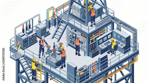 Vászonkép Workers on industrial platform structure.